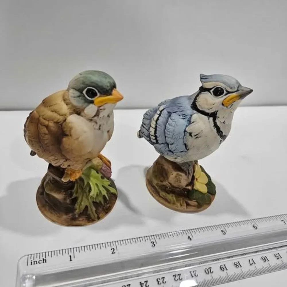 Set of 2 Ceramic Bird Figurines Blue Jay & Brown Bird